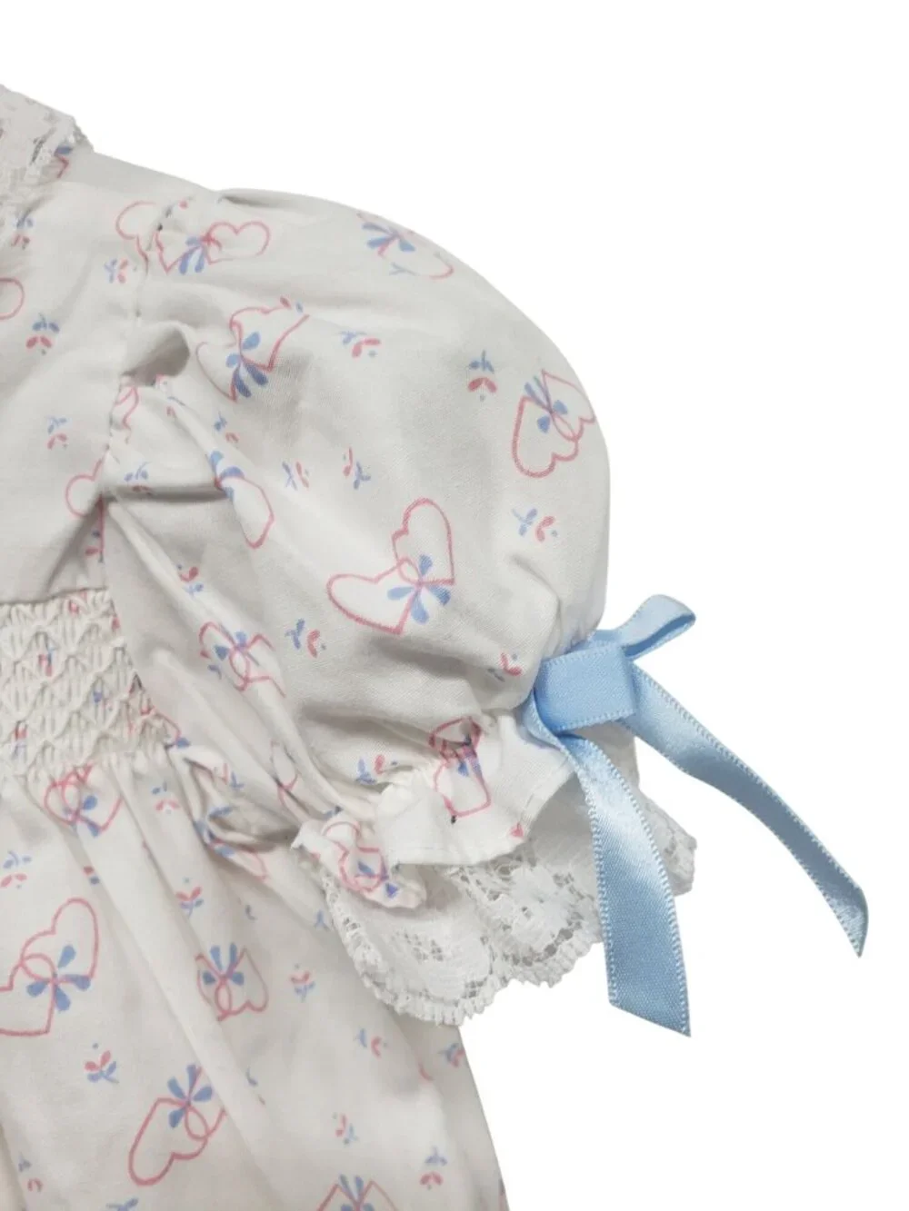 Vintage Baby Girl Smocked Bubble Romper Puff Sleeve Bow Heart White Pink 6-9 Mos